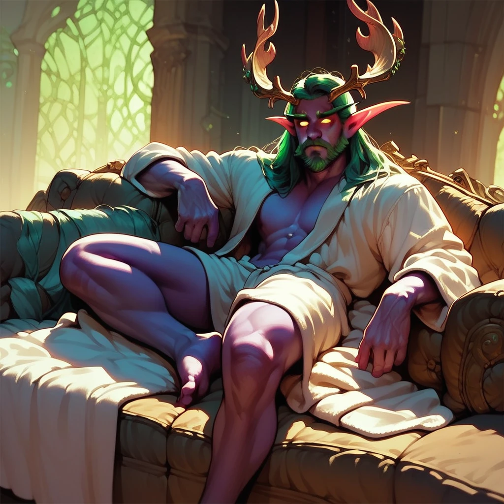 score_9, score_8_up, score_7_up, western cartoon, detailed face, Malfurion, white bathrobe, large male, warm colors, 1boy, lounging on couch, naked