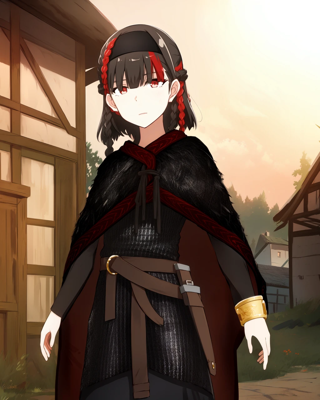 masterpiece, high quality, absurdres, 8k, mgrcgunhild, 1girl, black with red hair, multiple braids, red eyes, black hairband, black with red cloak, grey shirt, golden bracelet, chainmail, brown belt, sheath, dagger on belt, outdoors, medieval, village, evening, sunglare, dynamic pose, <lora:mgrcgunhild:0.85>