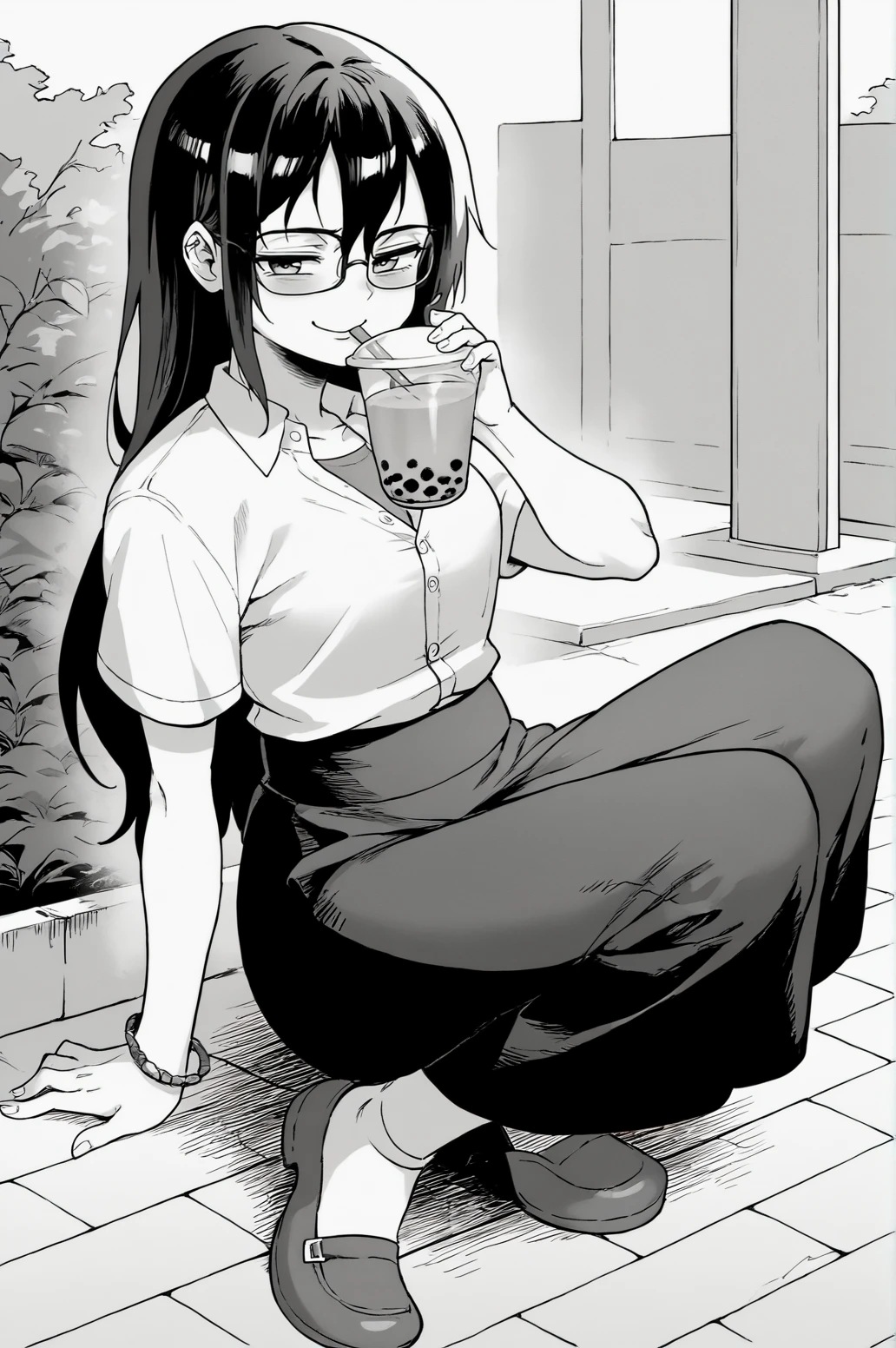 score_9, score_8_up, score_7_up, monochrome, manga_source, best background, detailed background, manga, greyscale   Reiko Kirishima, teacher outfit, full body, solo, outdoors, horny, smug, naughty face, drinking, bubble tea,  <lora:JN_Shounen_Ga_Otona:0.8>