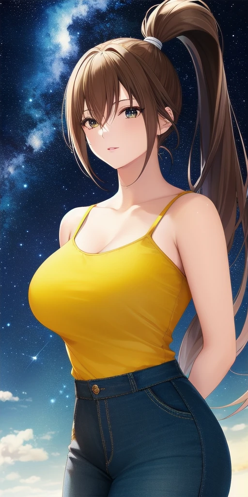 <lora:SatsukiV3:0.7> kitaooji_satsuki_high_ponytail, huge_breasts, standing, solo, arms_behind_back, starry_sky, yellow_dress,, masterpiece, best_quality, detailed_face, detailed_eyes, highres, beautiful, detailed, absurdres,