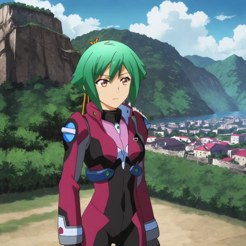 <lora:zessicawongaquarion_pony_v1:.8>  ZessicaArmor, 1girl, green hair, short hair, hair ribbon, mecha, bodysuit, landscape, pilot suit, gloves, uniform, cowboy shot