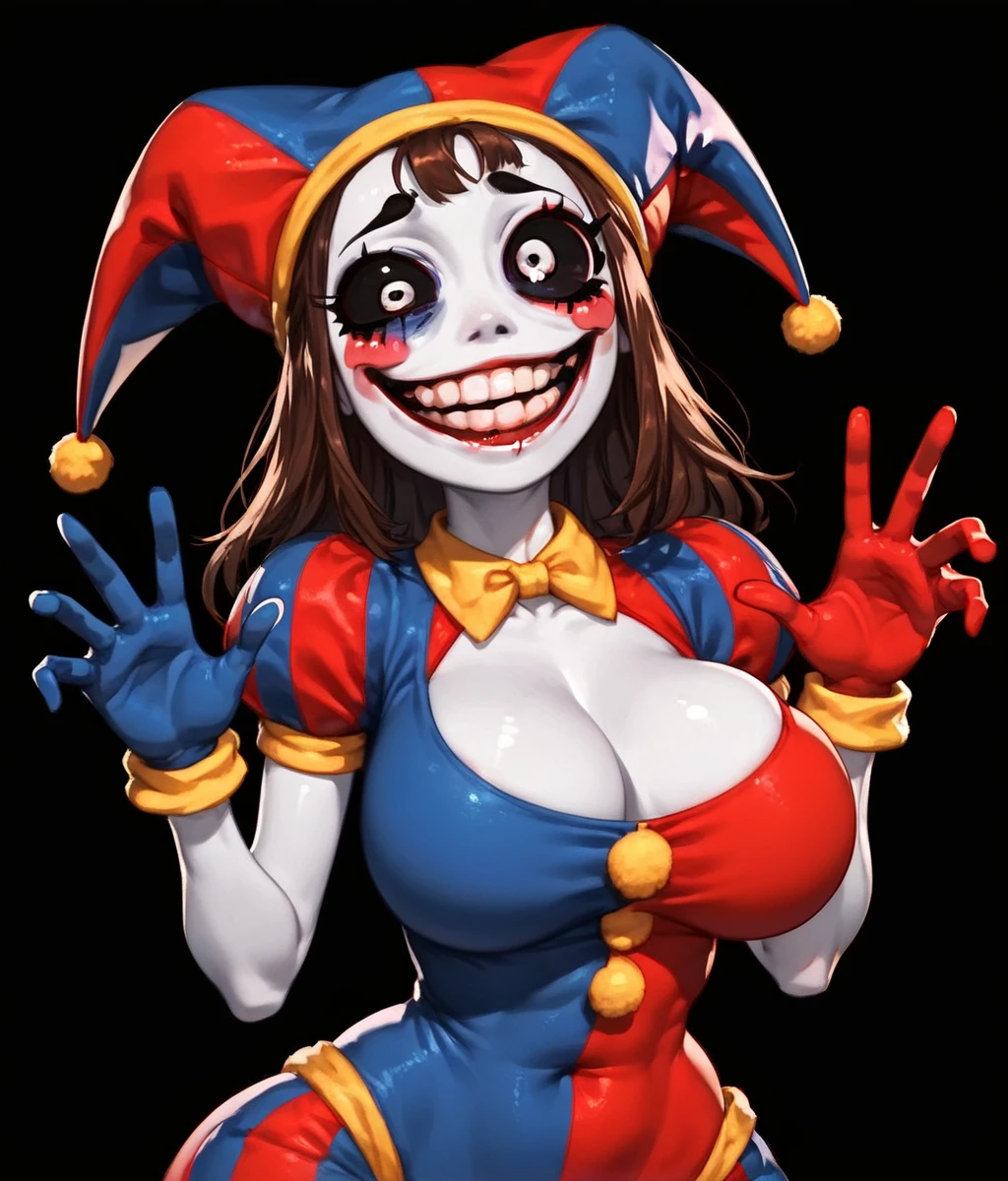 Score_9,score_8_up,score_7_up,solo,crazy eyes,big breasts,curvy,black_sclera,crazy smile,mismatched eyelashes,blush stickers,pale skin,clown,jester cap,multicolored headwear,puffy sleeves,short sleeves,blue_gloves,red_gloves,cartoon,no_humans,dreepy,horror,black background,<lora:Role_Pomni:0.7>,<lora:Horror_Digital_Horror:0.7>,<lora:Style_Expressive_H_v1:0.8>,