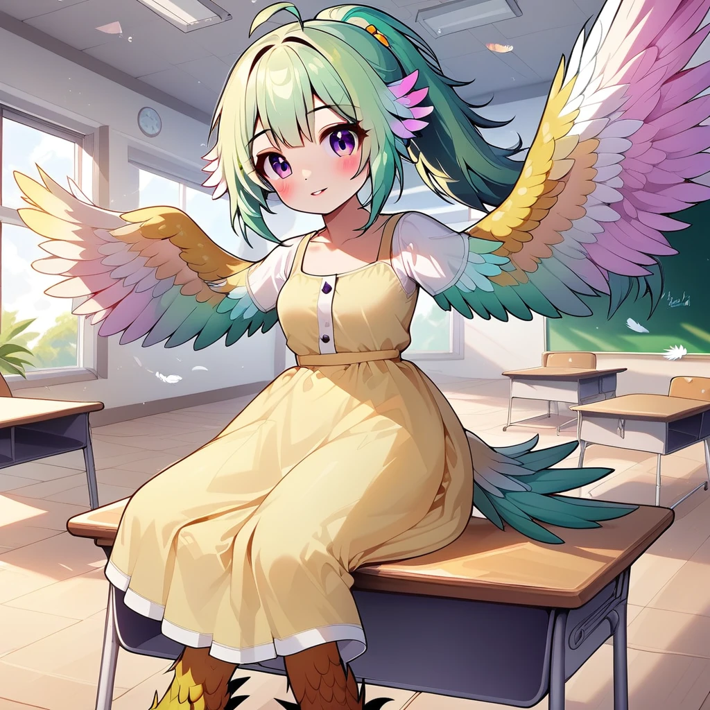 winged arms,harpy,flying,yellow sundress,indoors,classroom,sitting,purple eyes,green hair,pastel feathers,