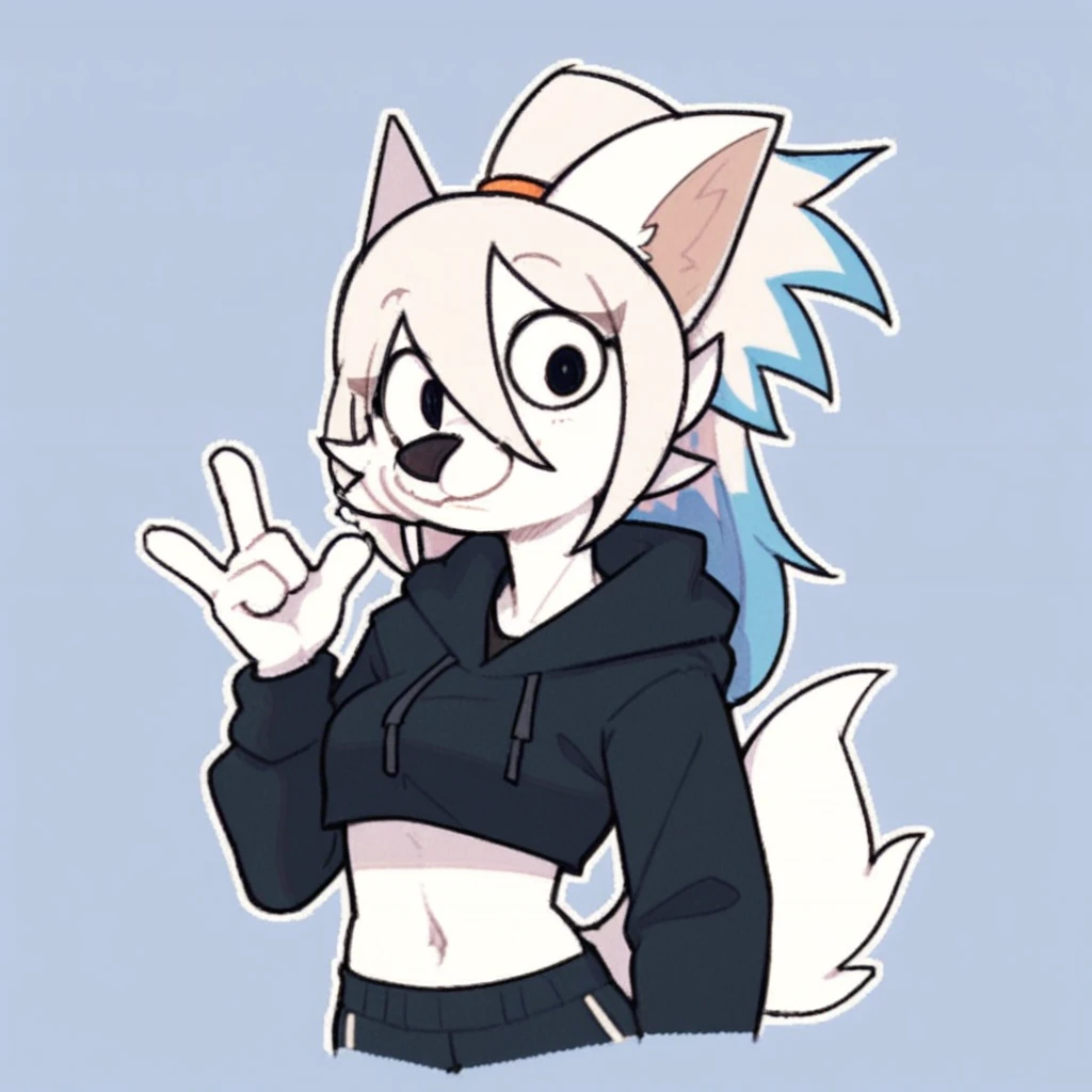 score_9_up, score_8_up, score_7_up, score_6_up, half-length portrait, ponytail, blue highlights, multicolored hair, white hair, furry female, female, furry, white fur, looking at viewer, solo, smile, happy, gesture,  three-quarter view, head tilt, hoodie, pants, navel, midriff, tail, sneakers, simple background, white outline,