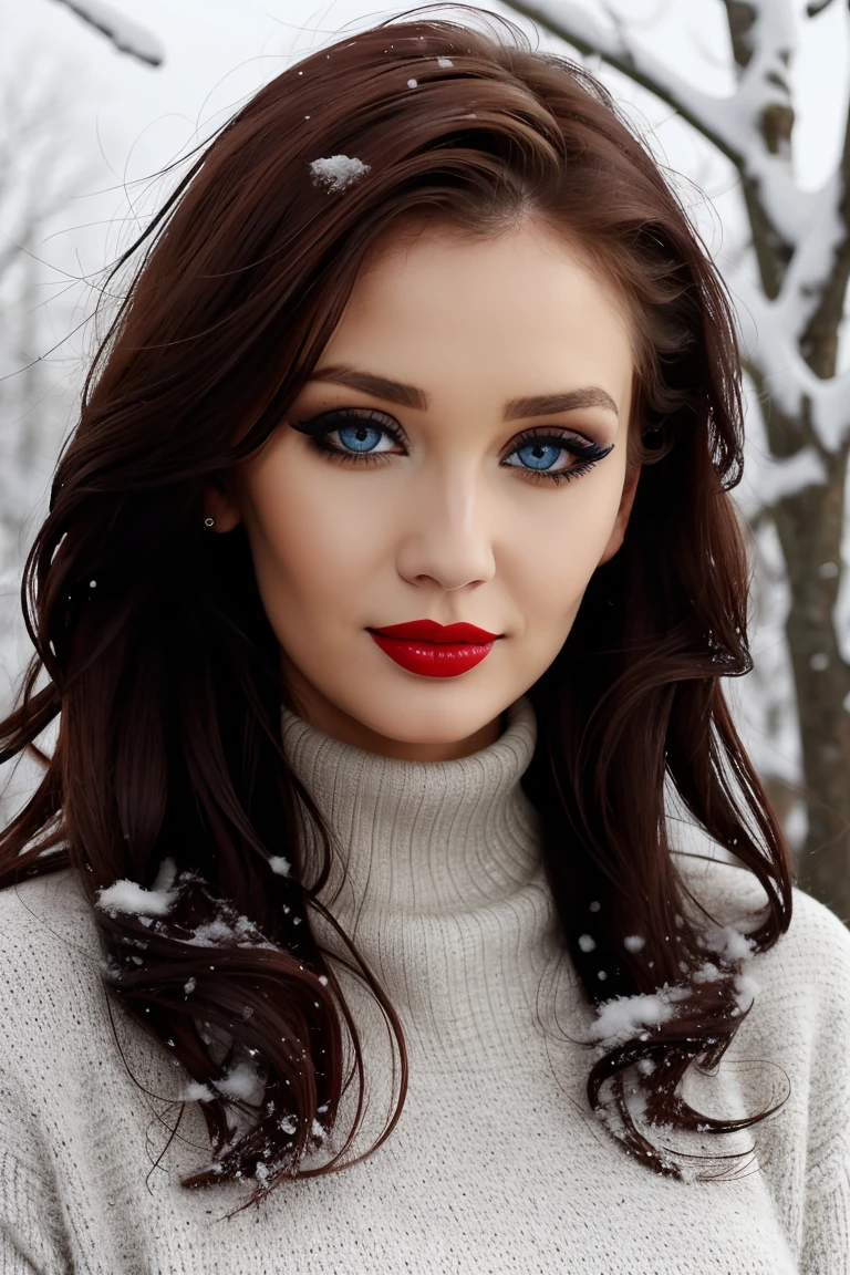 <lora:petatodd:0.6>, petatodd,  ((detailed eyes, detailed face)), (red lipstick, eye shadow, eyeliner), slight smile, , a photo of a woman, turtleneck sweater dress, outdoors, forest, snow