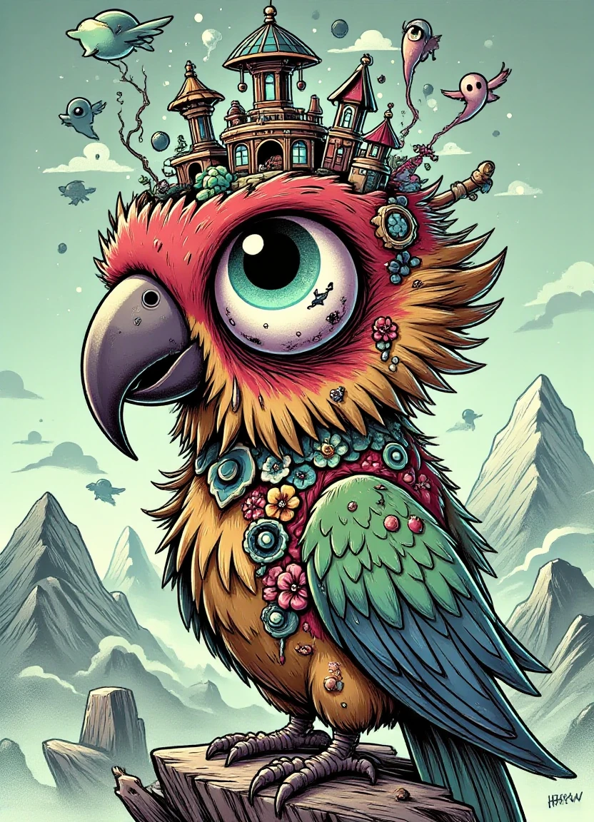 donm1ny0urh34dfx, parrot with  kingdom    in mountain biome in its head