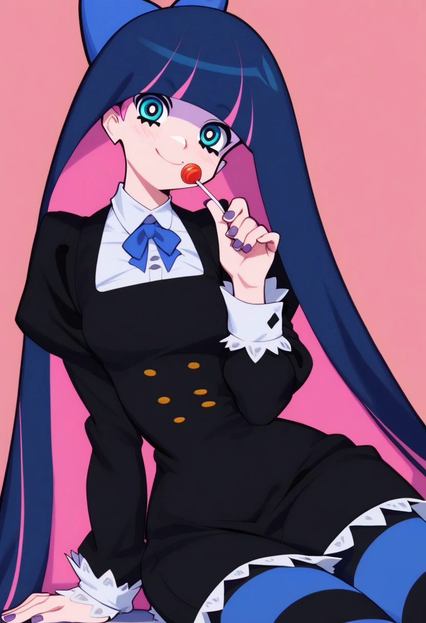 score_9, score_8_up, score_8, medium breasts, (curvy), cute, eyelashes,     
patStocking, stocking anarchy, blue eyes, blue hair, colored inner hair, hair bow, long hair, multicolored hair, pink hair, two-tone hair, bangs, blunt bangs, striped thighhighs, black dress, puffy sleeves, long sleeves, collared shirt, white shirt,
zzLoveLive,, zPDXL,
smile, looking at viewer, head tilt, lollipop,