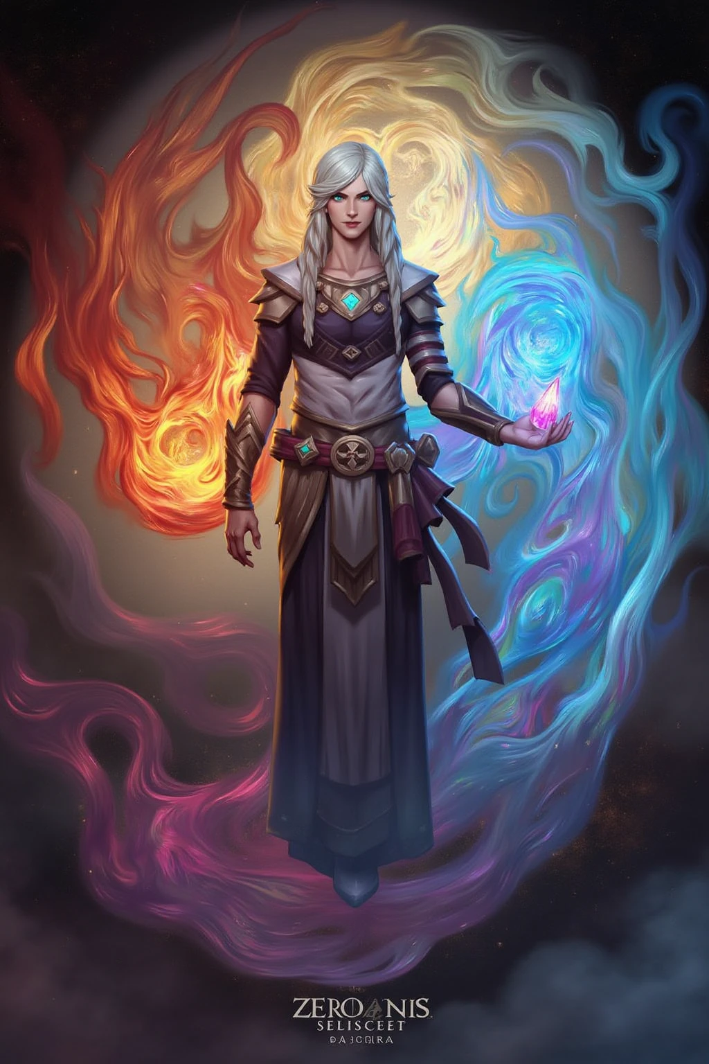 Zeronis Style digital illustration of, Fantasy portrait of an elemental mage, harnessing the power of all four elements, standing at the center of a swirling vortex of fire, water, air, and earth, wearing an ornate robe that shifts in color with each element, eyes glowing with an otherworldly light, one hand holding a staff with a glowing crystal, the other hand controlling the elements, dramatic and powerful atmosphere, high contrast, vibrant and dynamic colors