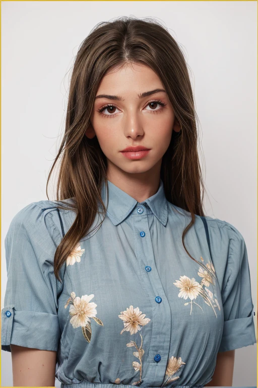 Chambray collared shirt worn with a floral print flared skirt and ankle strap heels. a breathtaking fashion photo:1.3 of a sexy woman, <lora:MimmiKeeneV1:1>, 1girl, solo, dress, jewelry, long hair, styled hair,  brown hair, parted lips, white background, radiant, vibrant colours, technicolor, looking at viewer, realistic, simple background, bright background, professional makeup, glossy lips, black eyeliner,  red lipstick, fill lighting, high contrast, shot on ALEXA65, high key lighting, ((masterpiece))   <lora:last_tushy_pose:0.8> tushy_pose, RAW candid cinema, 16mm, color graded portra 400 film, remarkable color, ultra realistic, textured skin, remarkable detailed pupils, realistic dull skin noise, visible skin detail, skin fuzz, dry skin, shot with cinematic camera, detailed skin texture, (blush:0.5), (goosebumps:0.5), subsurface scattering