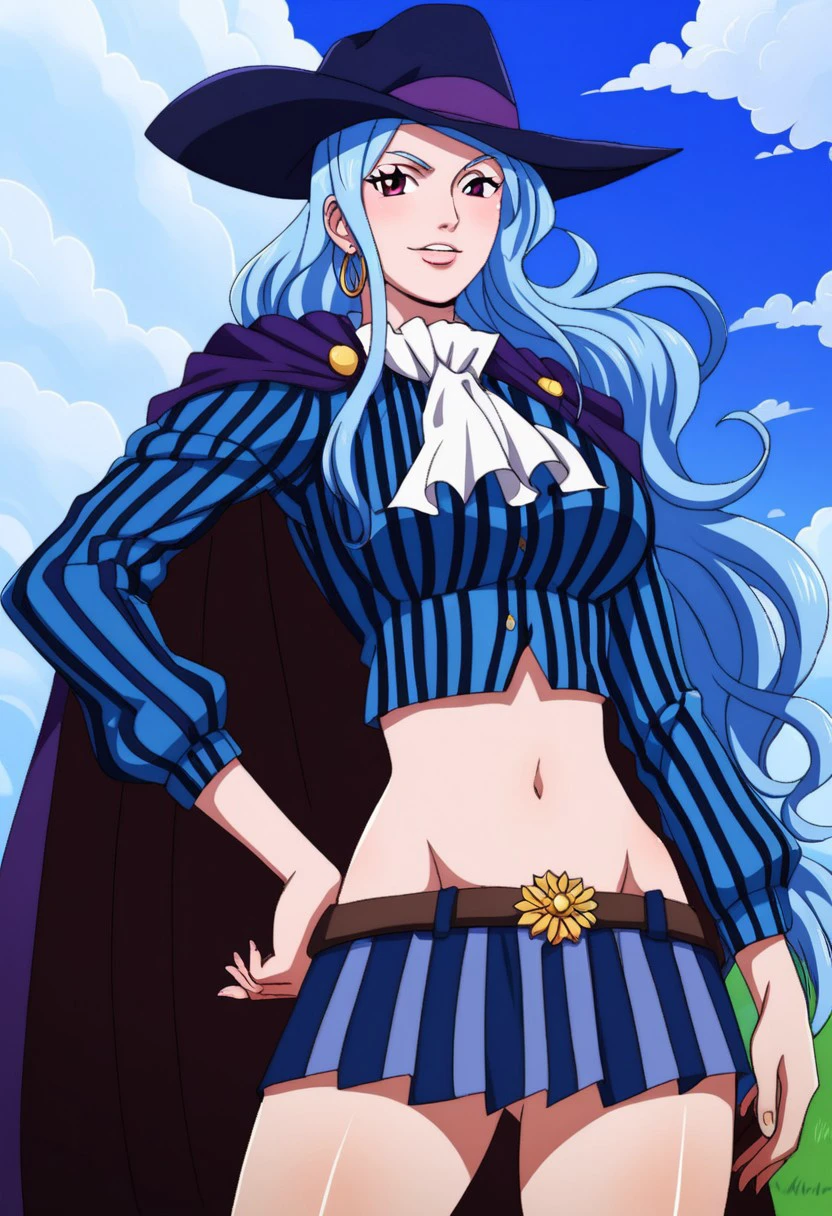 score_9, score_8_up, score_7_up, whentai,
White Bay, hat, midriff, 1girl, skirt, blue_hair, hand_on_hip, cape, navel, long_hair, ascot, crop_top, pinstripe_pattern, striped, groin, vertical_stripes, miniskirt, solo_focus, (blue sky, clouds)