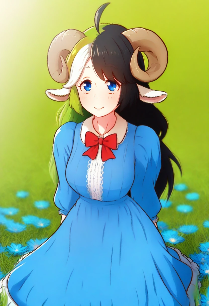 greatm8, masterpiece, best quality, 1girl, solo, light blue dress, sheep horns, blue eyes, sheep ears, frills, red bowtie, puffed sleeves, kneeling, flower field, blue flowers, <lora:NSMelionPalHairIllu:1> NSMelionPalHair, green hair, black hair, white hair, multicolored hair, long hair