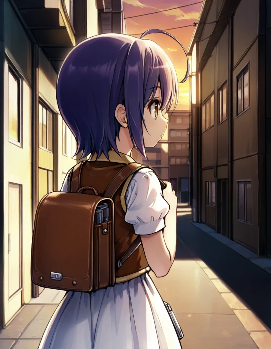 <lora:KuroiSumi_illust_4-000012:0.9> best quality, masterpiece, 1girl, solo,
kuroi sumi, school uniform, puffy short sleeves, brown vest, white dress, zipper pull tab, from behind, from side, profile, looking ahead, twilight, backpack, holding strap, street