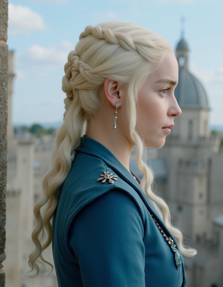 <lora:Emilia_Clarke_Flux:1>  This is an image of  Daenerys Targaryen from the HBO show Game of Thrones. Blonde hair with braids, silk blue dress, jewelry, standing on a palace wall looking out.