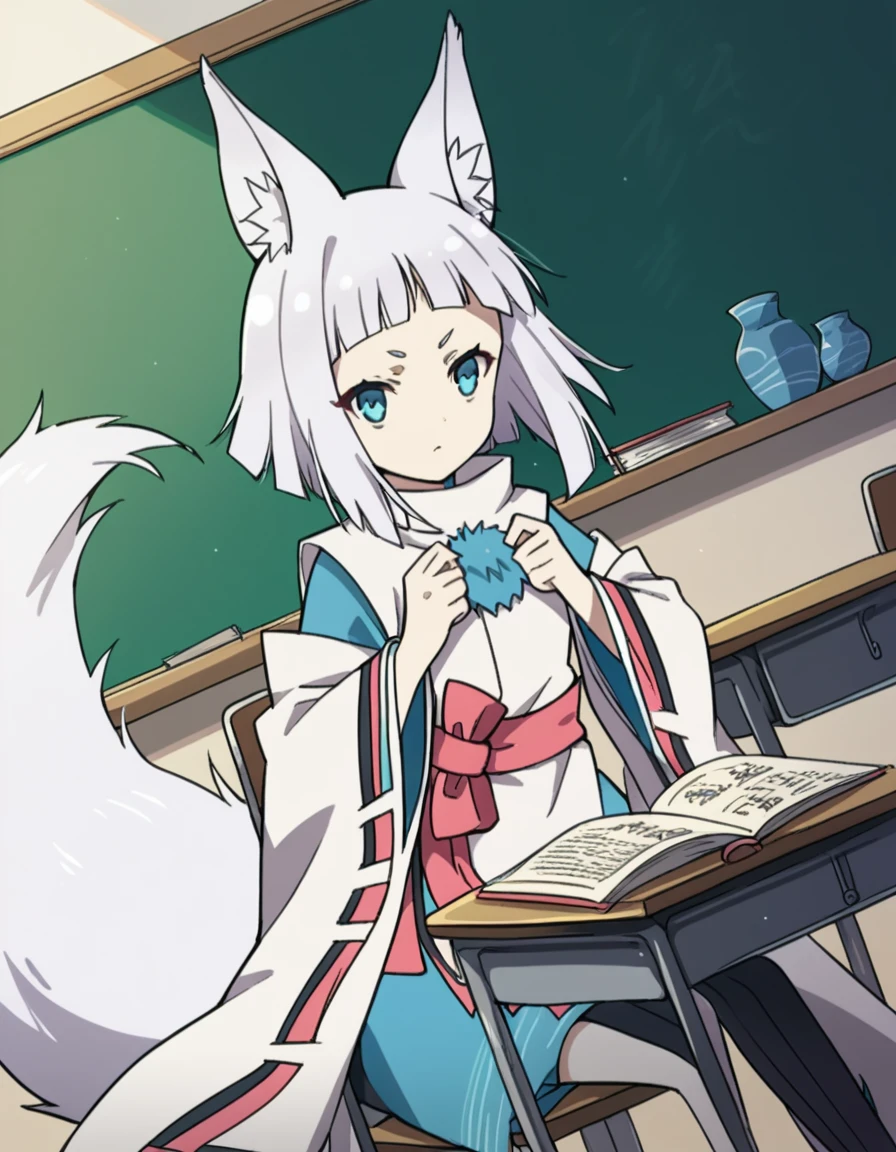 score_9, score_8_up, score_7_up, source_anime, <lora:tokyoravens-kon-s1-ponyxl-lora-nochekaiser:1>, kon, blue eyes, animal ears, tail, white hair, fox ears, fox tail, blunt bangs,, japanese clothes, sash, wide sleeves,, classroom, chalkboard, day time, studying, sitting, chair, desk,, , hands on own chest,, looking at viewer, solo,, dutch angle, cowboy shot