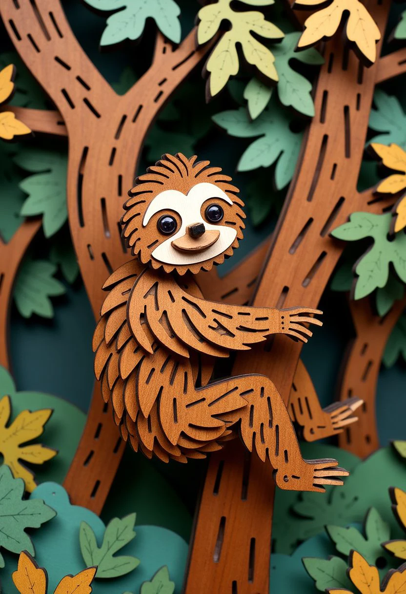 <lora:ck-wood-piece-crafter-000018:1>, a crafted wooden model featuring a textured Sloth hanging from a tree. The wood used for the scene is a colorful, and enhancing the depth and richness of the design. The background of the image is in a joyful style color palette and showing a dense forest, contrasting and melting sharply with the lighter tones of the wood. The entire model is made from finely detailed, interlocking wooden pieces.