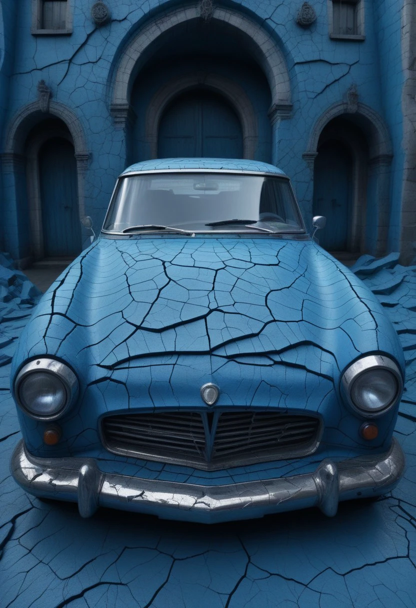 an elaborate car covered in blue wide cracks