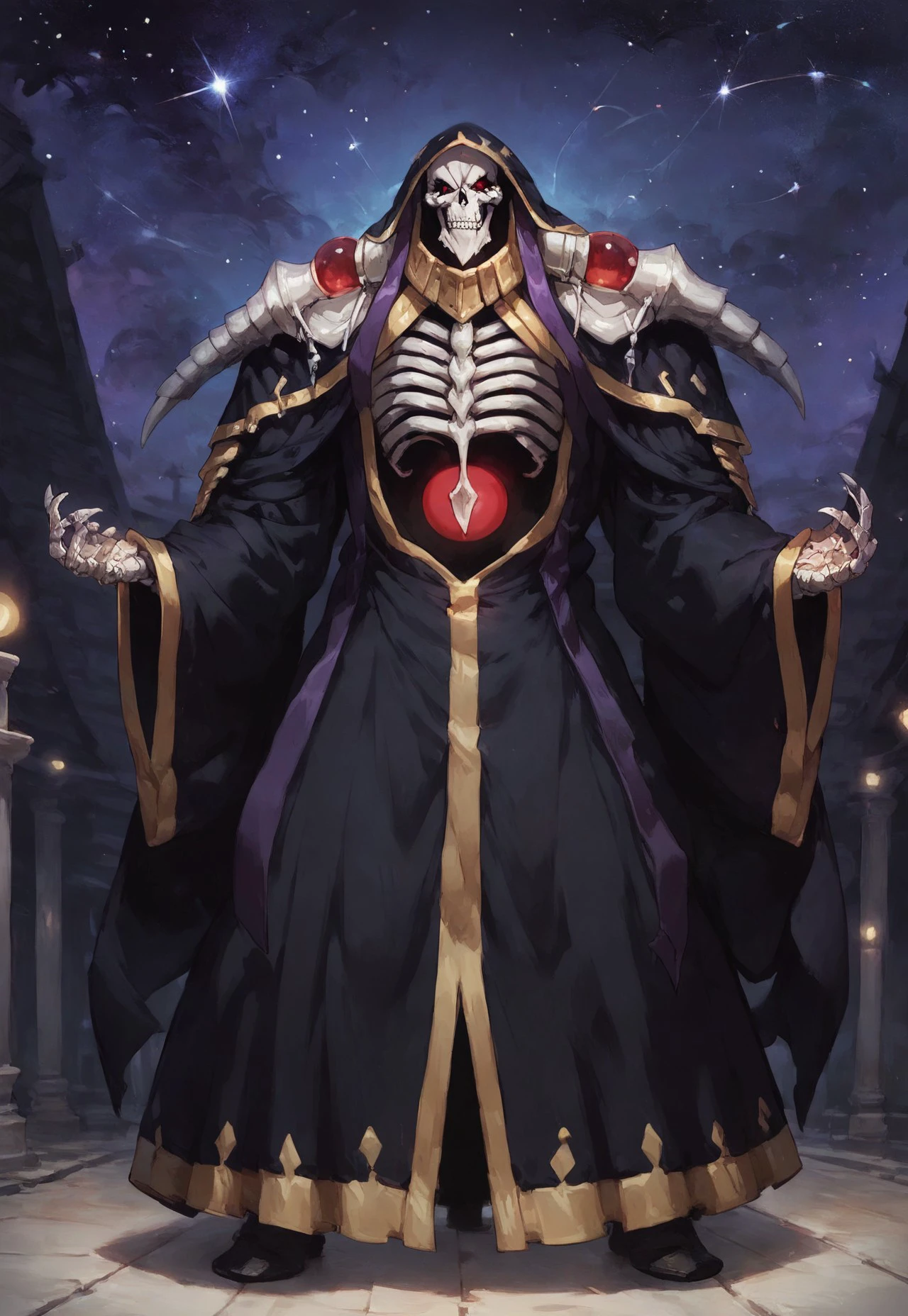 safe_pos, Score_9_up, score_8_up, score_7_up, score_6_up, full length, tall, full body,
solo, Ainz_Ooal_Gown, Skeleton, Skull, Bones, Pointed chin, fangs, ribs, claws, Red eyes, Perfect eyes, Perfect face, Black clothes, Hood, Black robe, A long robe touches the ground, Gold trim, Detailed, giggling, Closed mouth, happy face, smile, standing, arched back, looking down, Columns, Stars, starry sky, night sky, 