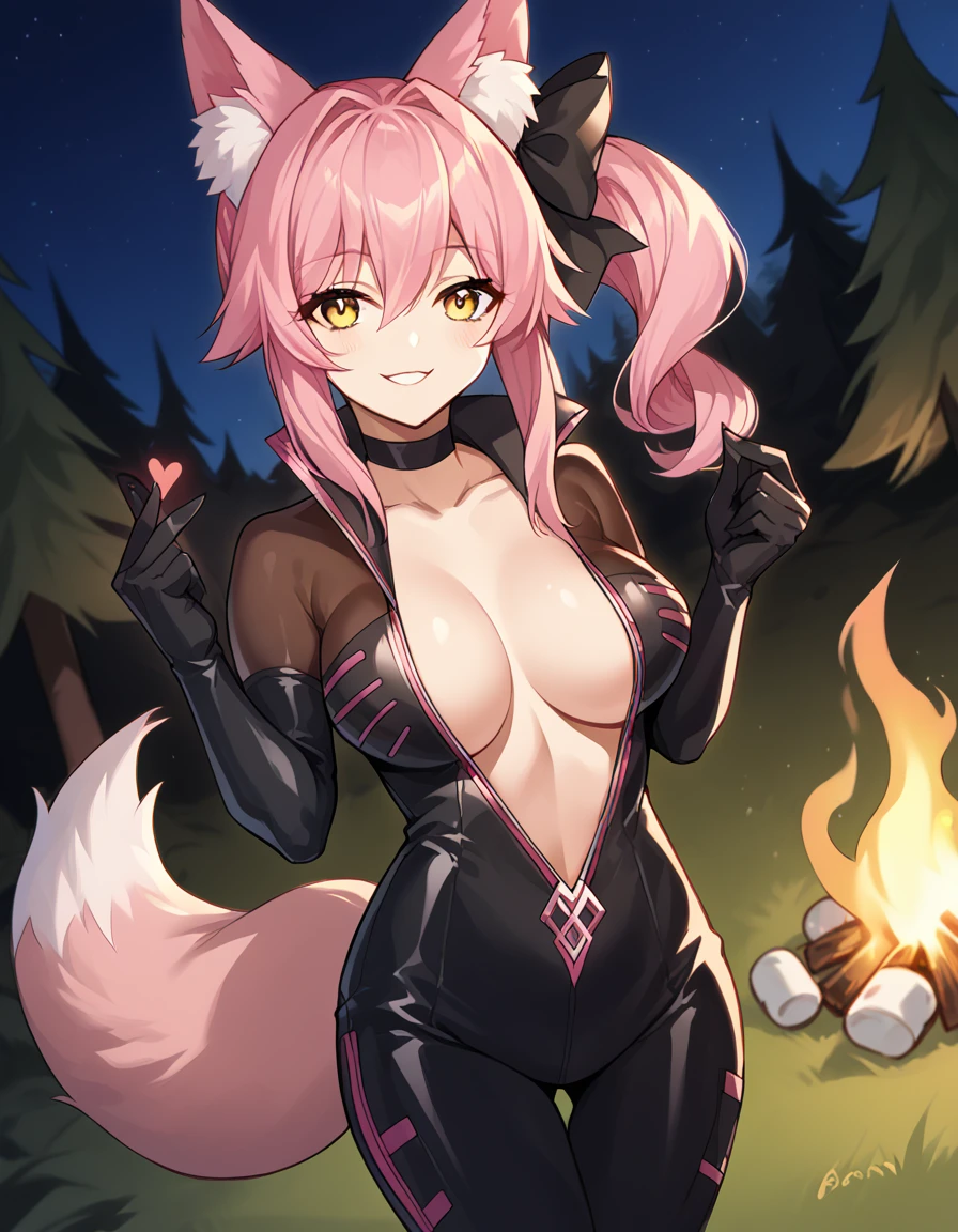 score_9, score_8_up, score_7_up, source_anime, <lora:koyanskaya-ponyxl-lora-nochekaiser:1>, koyanskaya, koyanskaya (fate), yellow eyes, pink hair, large breasts, koyanskaya (assassin) (first ascension) (fate), animal ear fluff, animal ears, black bodysuit, bodysuit, bow, center opening, choker, clavage, fox ears, fox girl, fox tail, hair bow, hip vent, side ponytail sidelocks, tail, camping, bonfire, tent, stargazing, marshmallows, forest clearing, night, smile, <lora:finger-heart-ponyxl-lora-nochekaiser:1>, finger heart, heart, blush, smile,, looking at viewer, solo,, dutch angle, cowboy shot