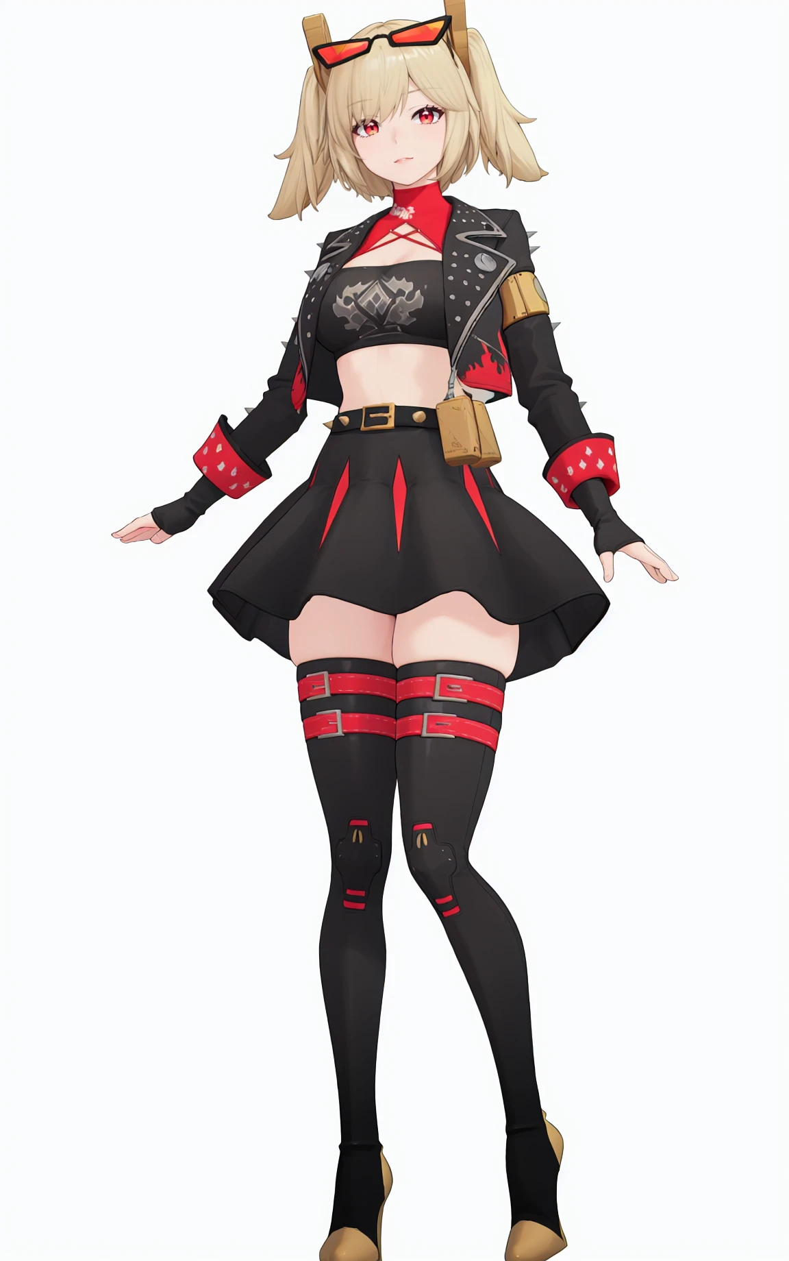 8k, best quality, masterpiece, (ultra-detailed), (high detailed skin), (by nanoless, by misumi \(macaroni\),:0.5),
A full-body portrait of a young girl, standing gracefully, pastel art style, high-key lighting, shoujo manga influence, hd quality, delicate details,
full body, full shot, standing, looking at viewer, (solo:1.2), simple background, white background,
<lora:bonis-sd-Tanger:0.8>, bonis, default clothes, hair ornament, 1girl, thighhighs, black skirt, blonde hair, eyewear on head, breasts, red eyes, black cropped jacket, boots, twintails, gloves, thigh boots,