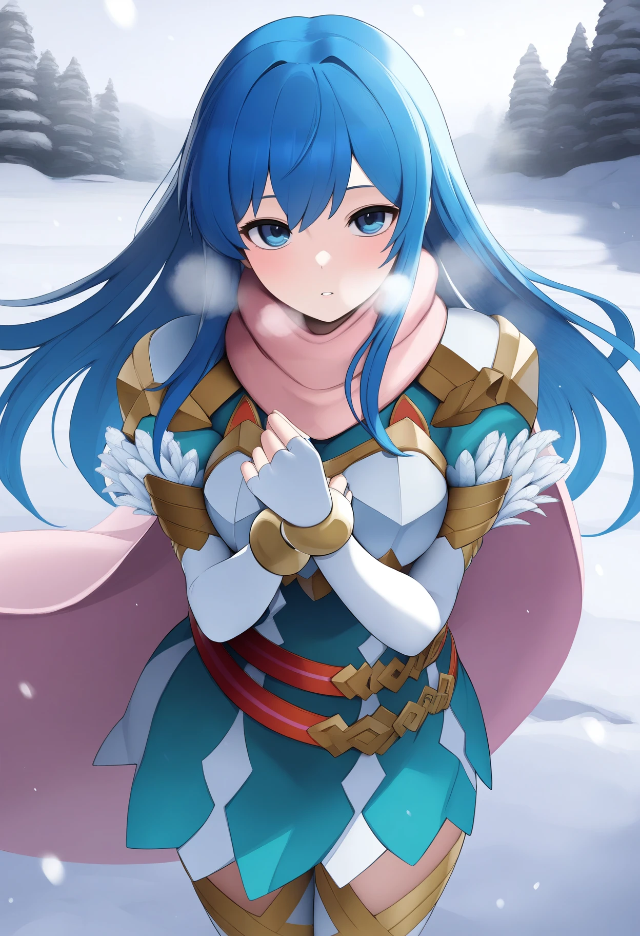 masterpiece, best quality, 1girl, solo, <lora:caeda-fe-richy-v1_ixl:1.0> caedarsp, blue eyes, blue hair, long hair, bangs, pink scarf, shoulder armor, chestpiece, teal dress, white gloves, elbow gloves, fingerless gloves, bracelet, multiple belts, red belt, pink cape, white thighhighs, white boots, feather trim, winter, snow, ice, cold, outdoors, parted lips, heavy breathing, looking at viewer