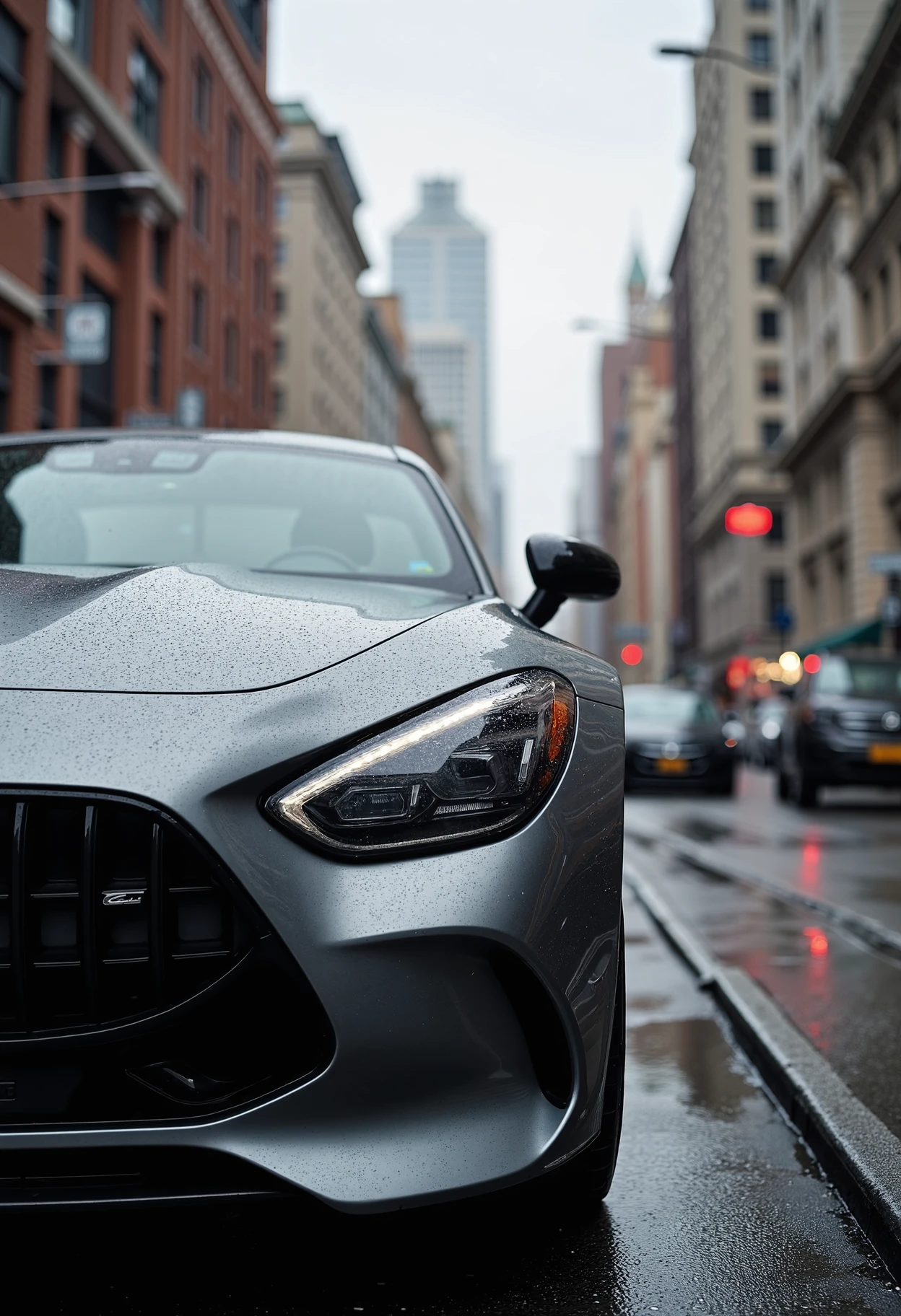 close-up shot, across the hood pov, gray metallic dvr-mercedes-amg-gt63se in a busy city on a rainy day <lora:fixed_dvr-mercedes-amg-gt63se:1>