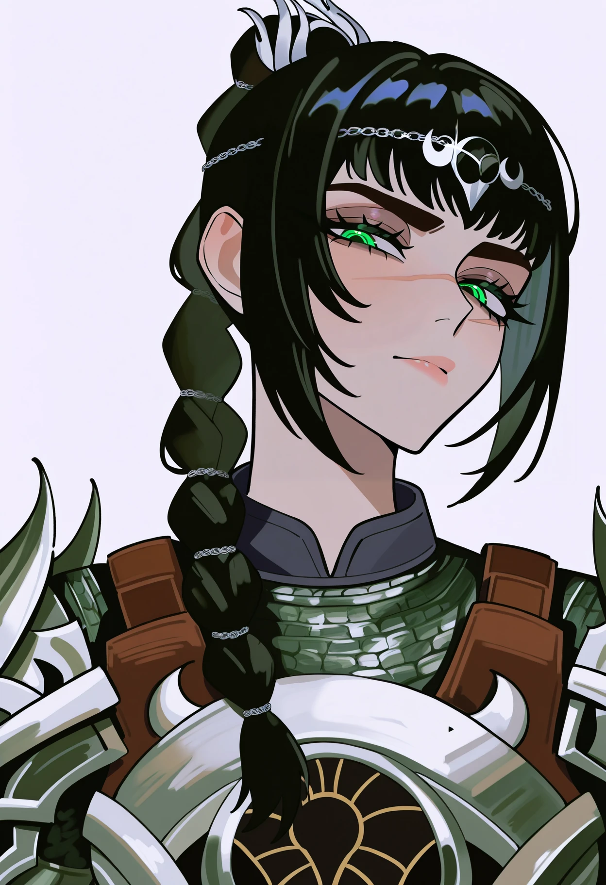 best quality, amazing quality, very aesthetic, absurdres, zeon,
1girl, solo, shadowheart, black hair, braided ponytail, green eyes, scar on face, circlet, armor,
looking at viewer, upper body, simple background, white background   <lora:ShadowHeartIllustrious_byKonan:0.8>  <lora:ZeonIllustriousXL_byKonan:1>