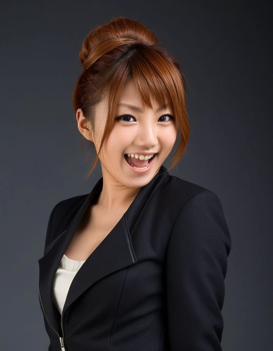 <lora:Tsubasa_Amami:0.9>tsubasa amami,
1girl, solo, 
realistic, navel, red hair,
lips, chignon updo hair, wearing a dark jacket,
smile,teeth, opened mouth, dark background,  screaming