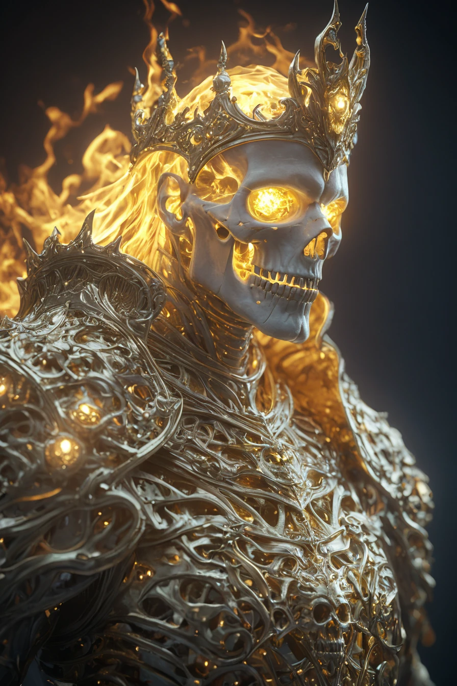 A close-up of an fire and ghostly skeleton king wearing intricate golden armor, with glowing eyes surrounded by translucent skeletons floating in the dark fire ocean. Rendered in the style of Unreal Engine, with a cinematic, hyper-realistic style.