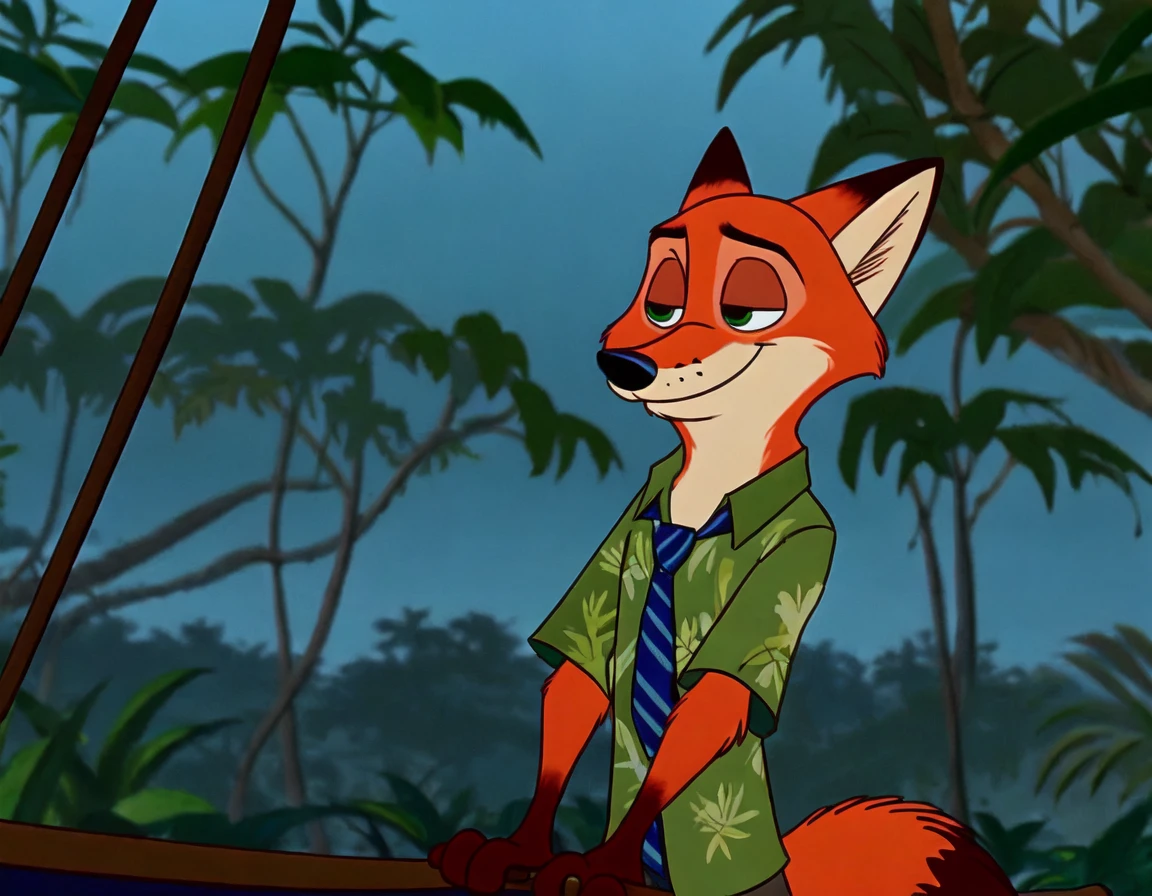 classicanimstyle, nick wilde, solo, canid, canine, fox, mammal, red fox, true fox, 4 fingers, anthro, black nose, cable transport, clothed, clothing, fingers, forest, fur, gondola lift, green eyes, half-closed eyes, intimate, jungle, male, narrowed eyes, necktie, night, orange body, orange fur, outside, plant, red body, red fur, shirt, smile,  standing, topwear, tree, white body, white fur, green shirt, aloha shirt, 
<lora:classicanimstyle_:0.75>|