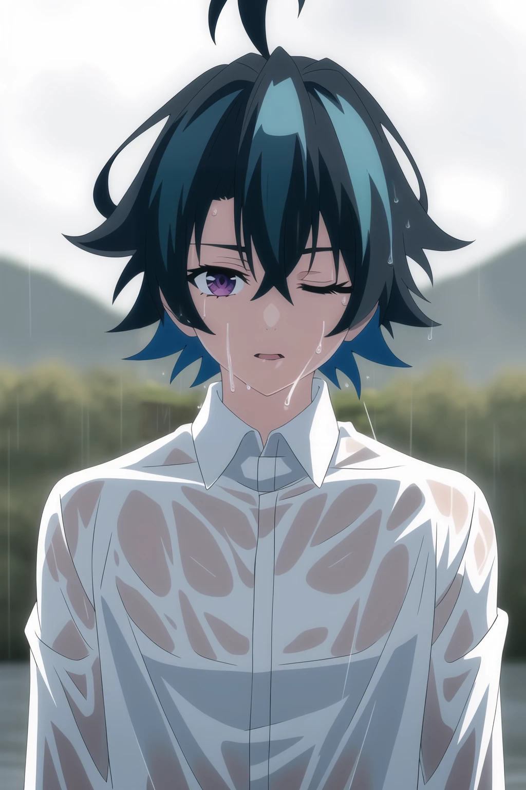 will serfort,1boy,solo,male focus,blue hair,purple eyes,ahoge,beautiful detailed face,beautiful detailed eyes,rain,one eye closed,shirt,black shirt,outdoors,blurry background,looking at viewer,wet hair,standing,parted lips,open clothes,sky,<lora:will_serfort-000007:0.7>,