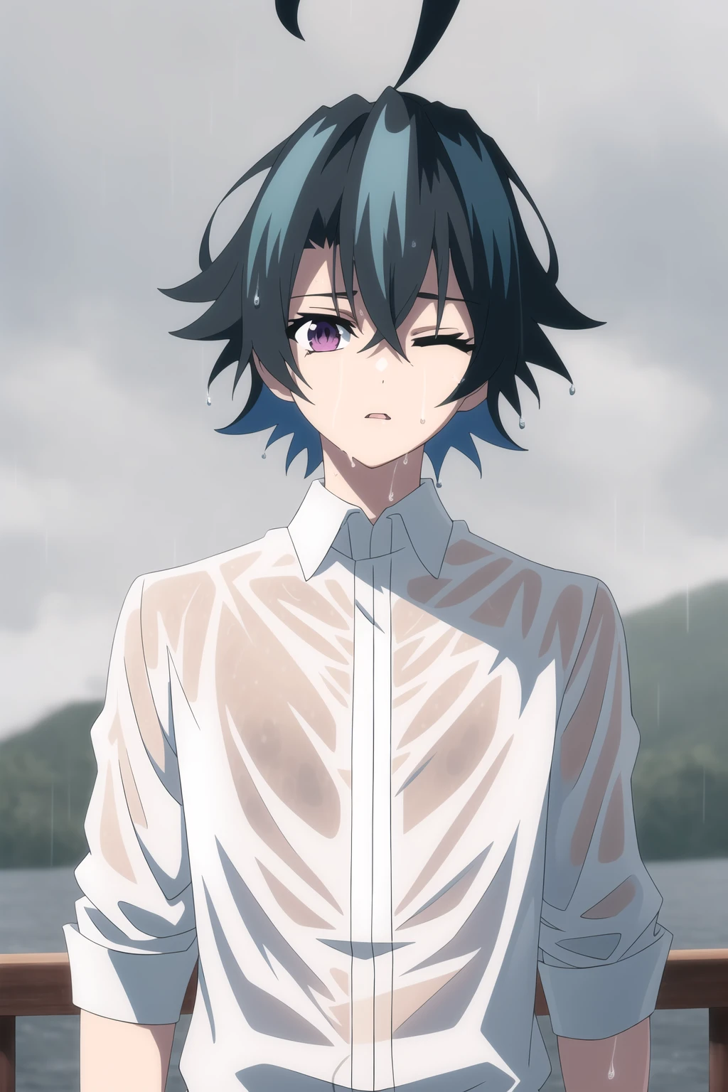 will serfort,1boy,solo,male focus,blue hair,purple eyes,ahoge,beautiful detailed face,beautiful detailed eyes,rain,one eye closed,shirt,black shirt,outdoors,blurry background,looking at viewer,wet hair,standing,parted lips,open clothes,sky,<lora:will_serfort-000007:0.7>,