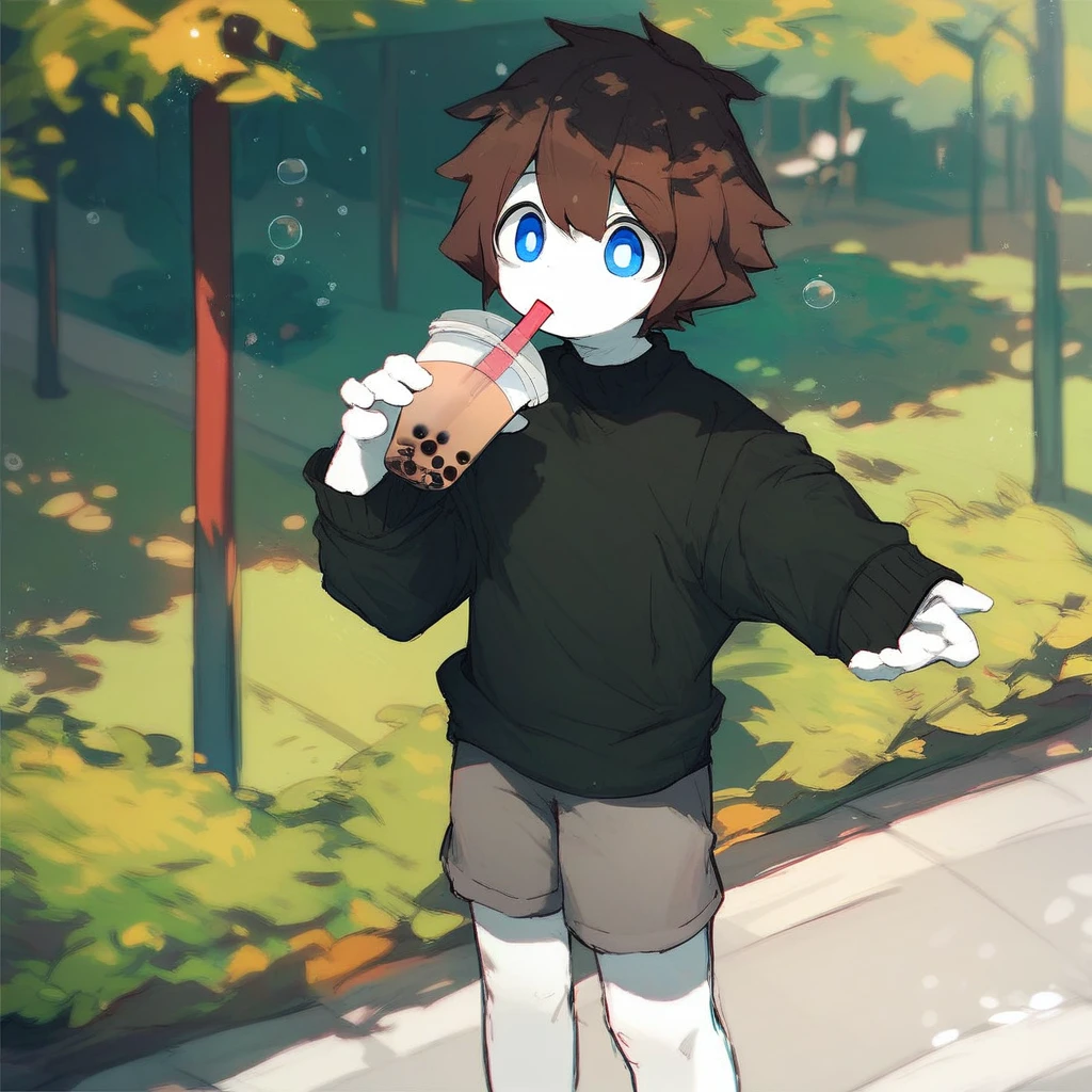 score_9_up, score_8_up, score_7_up, mikus-sona, blue eyes, brown hair, white skin, black boxers, park, holding, bubble tea, black sweater, gray shorts, 1boy, solo