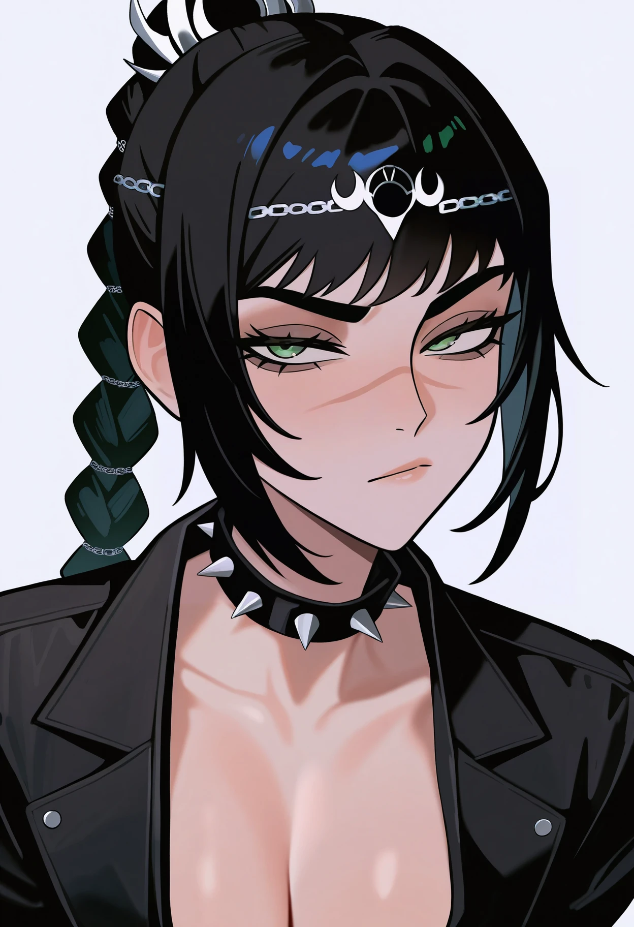 zeon,
best quality, amazing quality, very aesthetic, absurdres,
1girl, solo, shadowheart, black hair, braided ponytail, green eyes, scar on face,
spiked choker, black jacket,
closed mouth, looking at viewer, upper body, simple background, white background   <lora:ShadowHeartIllustrious_byKonan:0.8>  <lora:ZeonIllustriousXL_byKonan:1>