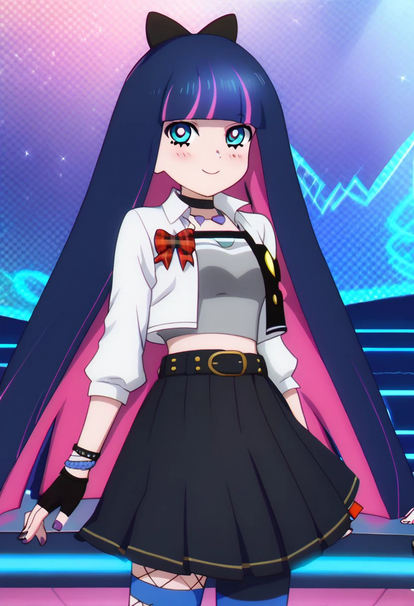 score_9, score_8_up, score_8, medium breasts, (curvy), cute, eyelashes,     
patStocking, stocking anarchy, blue eyes, blue hair, colored inner hair, hair bow, long hair, multicolored hair, pink hair, two-tone hair, bangs, blunt bangs, striped thighhighs, black dress, puffy sleeves, long sleeves, collared shirt, white shirt,
zzLoveLive,
nime screencap, flat colors, flat shadows, stocking 
BREAK, closed mouth, alternate costume, smile, looking at viewer, blush, zzLoveLive, 1girl, belt buckle, black bow, black choker, black gloves, black shorts, black skirt, bow, buckle, choker, cropped jacket, fingerless gloves, fishnet top, fishnets,  gloves, grey tank top, hair bow, hair ornament, hairclip, heart, heart necklace, jewelry, layered skirt, long sleeves, love live! nijigasaki  idol club, miniskirt,  nail polish, necklace, open mouth, plaid, plaid belt, plaid bow, pleated skirt, red bow, shorts, sidelocks, skirt, solo, stage, striped, tank top,   wristband, x hair ornament, skirt, performance stage, zPDXL,