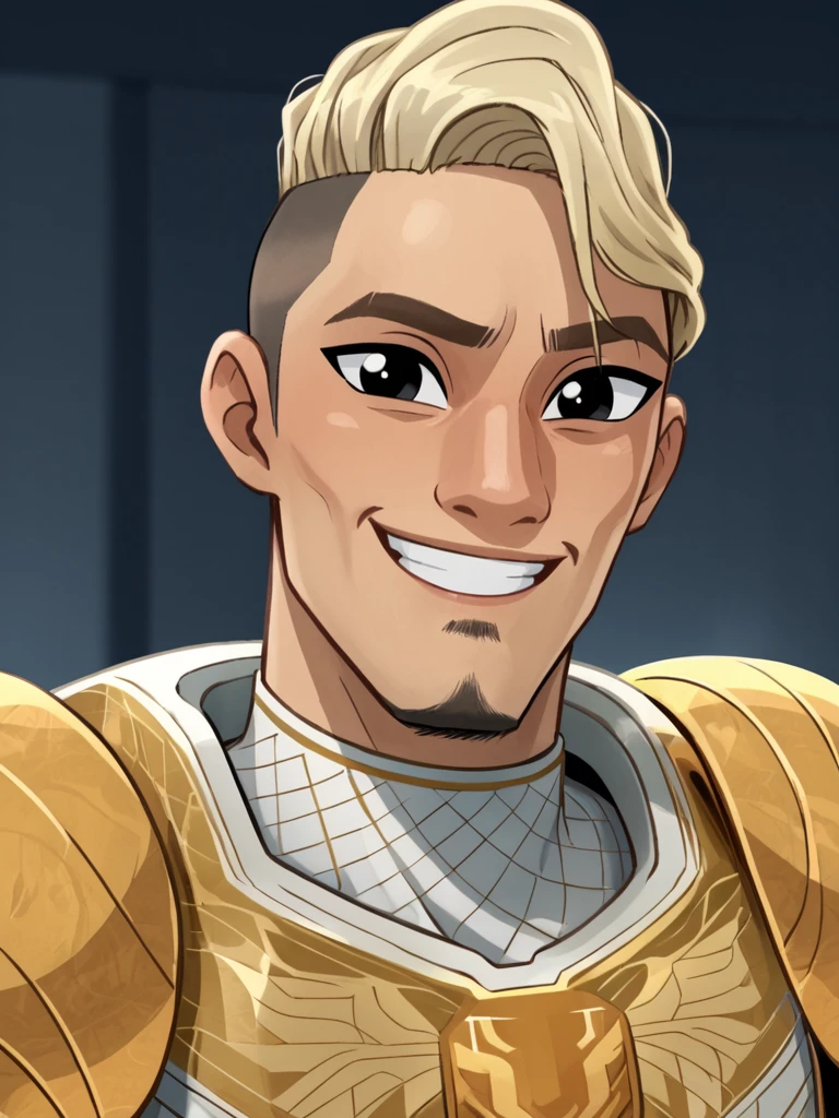 portrait of ambro_sius man, blonde hair, undercut, black eyes, golden armor, smiling  <lora:Ambrosius_Goldenloin_Nimona:.9> facial hair