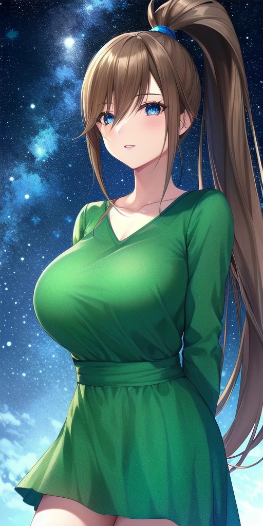 <lora:SatsukiV3:0.7> kitaooji_satsuki_high_ponytail, huge_breasts, standing, solo, arms_behind_back, starry_sky, green_dress,, masterpiece, best_quality, detailed_face, detailed_eyes, highres, beautiful, detailed, absurdres,