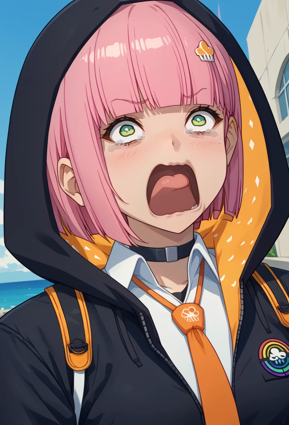 score_9, score_7_up, source_anime, solo, BREAK <lora:AERain-000009:0.9> AERain,multicolored eyes, green eyes, blunt bangs, Pink hair, short hair, asymmetrical bangs, hair ornament, hairclip, 
black choker, black hoodie, long sleeves,  Orange necktie, collared shirt, White shirt, Hood up, 
 <lora:concept_aquascreaming_ponyXL:1> aquascreaming, screaming, open mouth, crying with eyes open