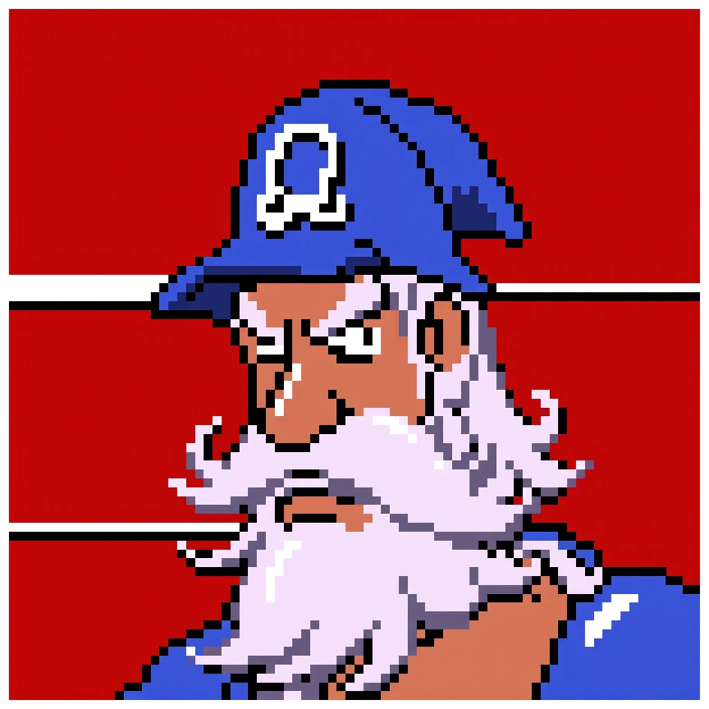 punch0ut, ringside pixel portrait depicting an angry Wizard Whitebeard,, with a long white beard, wearing a wizard's hat, and blue boxing robe. Red background, with white ropes. 