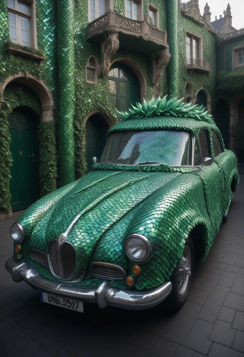 an elaborate car covered in green scales