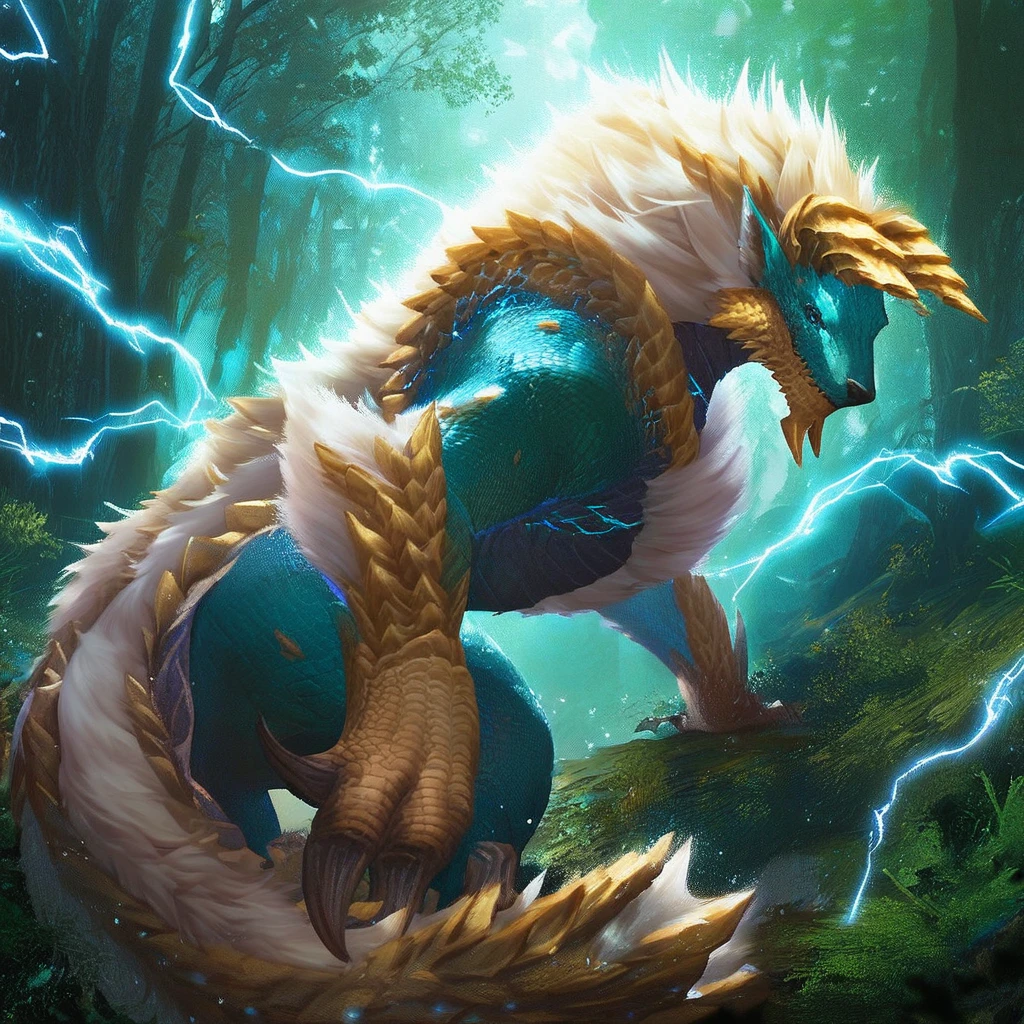 Zinogre, Feral, wolf, animal focus, tail, scales, electricity, monster hunter, score_9, score_8_up, score_7_up, score_6_up, ((best quality, high quality, absurdres, extremely detailed, highres, detailed shading, volumetric lighting, vibrant colors, natural light, Detailed background, forest, night))