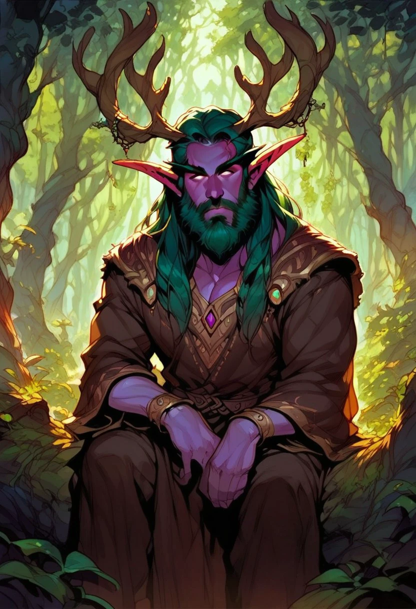 score_9, score_8_up, score_7_up, malfurion, western cartoon, (mature face), solo male, 1boy, standing in forest, detailed background, wearing large druidic robes, brown robes, dynamic lighting, zoomed out image, (sitting on fallen tree), (looking out across forest)