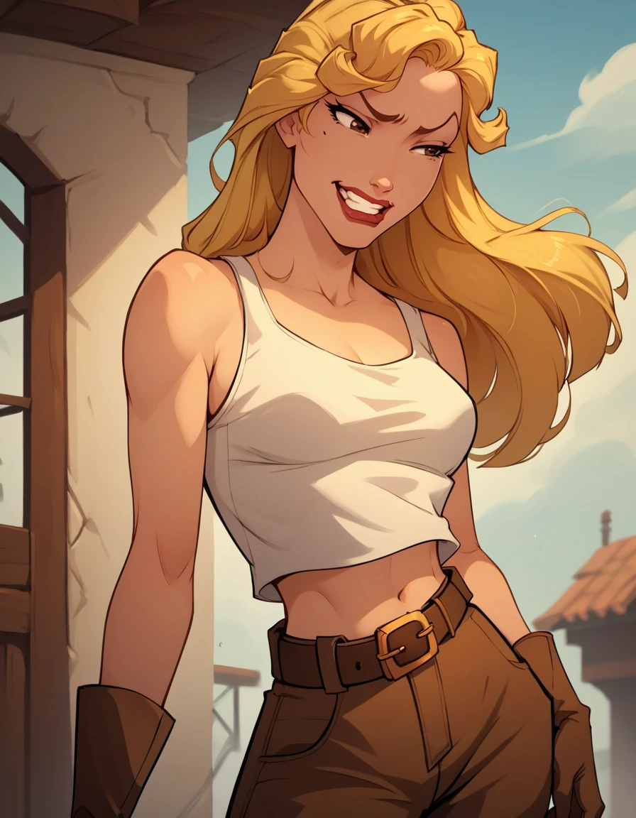 score_9, score_8_up, score_7_up,score_6_up, score_5_up, score_4_up , 1girl, solo,
large breasts,
HelgaDG,
long hair, blonde hair, brown eyes, lips,
tank top, gloves, belt, brown pants, boots, crop top,
smug, clenched teeth,
<lora:Helga DG PXL v01:1>