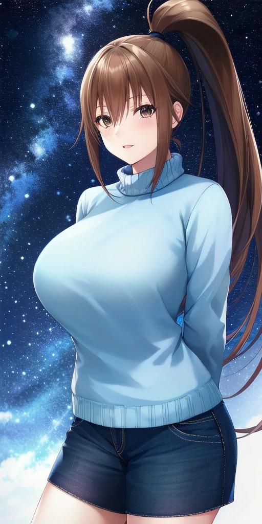 <lora:SatsukiV2:0.7> kitaooji_satsuki_high_ponytail, huge_breasts, standing, solo, arms_behind_back, starry_sky, sweater,, masterpiece, best_quality, detailed_face, detailed_eyes, highres, beautiful, detailed, absurdres,