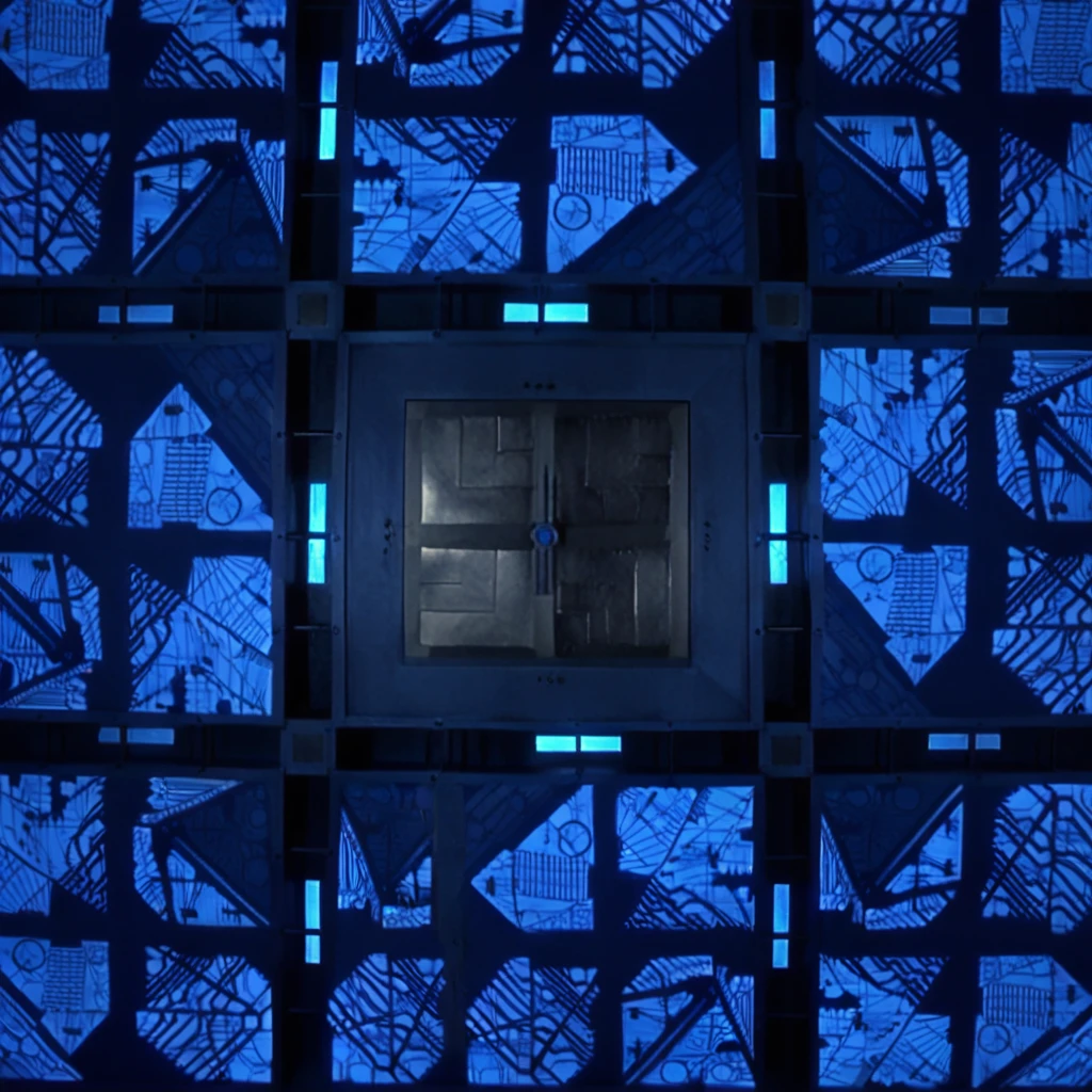 cpollcubemovie, cpollcubeblue, full room, wide view, frontal view, symmetrical layout, geometric patterns, glowing walls, futuristic design, sterile environment, closed hatch, "A 5x5x5 meter blue room viewed from a wide perspective. The room is shown from a POV view, looking straight into the space with no people visible. The room has symmetrical walls, and each side is identical, featuring geometric patterns. In the middle of each wall is a closed, square metal hatch. The walls emit a soft blue glow, creating a futuristic design and a sterile environment."