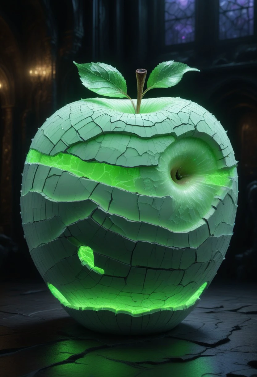 an elaborate white apple covered with neon green wide glowing cracks