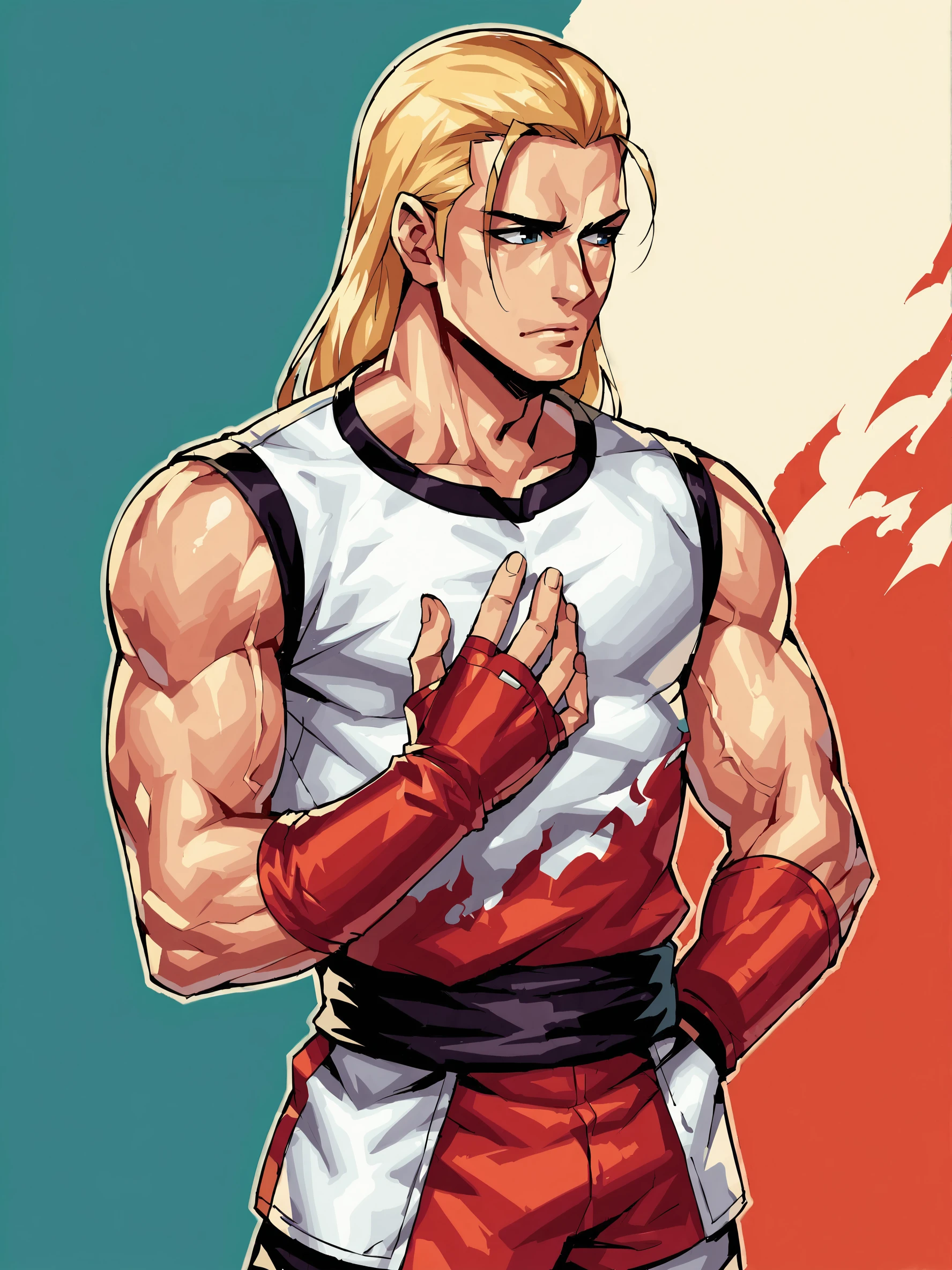 score_9, score_8up, score_7up, score_6up, score_5up, score_4up, abstract background, source_cartoon, rating_safe, BREAK
solo, male, andybogard, blonde hair, long hair, blue eyes, two-toned shirt, ripped sleeves, fingerless gloves, BREAK
 <lora:Andy_Bogard_-_King_of_FightersFatal_Fury_-_PDXL:1>