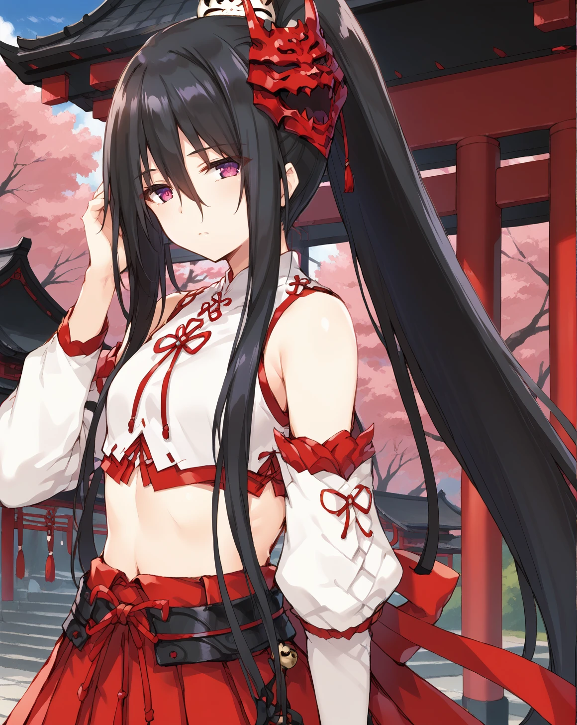 <lora:yomei_kirisaki_v1.3-000009:1>,yomei kirisaki,black hair,long hair,very long hair,purple eyes,hair between eyes,hair over eyes,ponytail,
mask on head,miko,crop top,detached sleeves,long sleeves,red skirt,pleated skirt,
1girl,solo,
BREAK
arm at side,hand up,
expressionless,
shrine,outdoors,, score_9,score_8_up,score_7_up,source_anime,best quality,masterpiece,uncensored,detailed eyes,