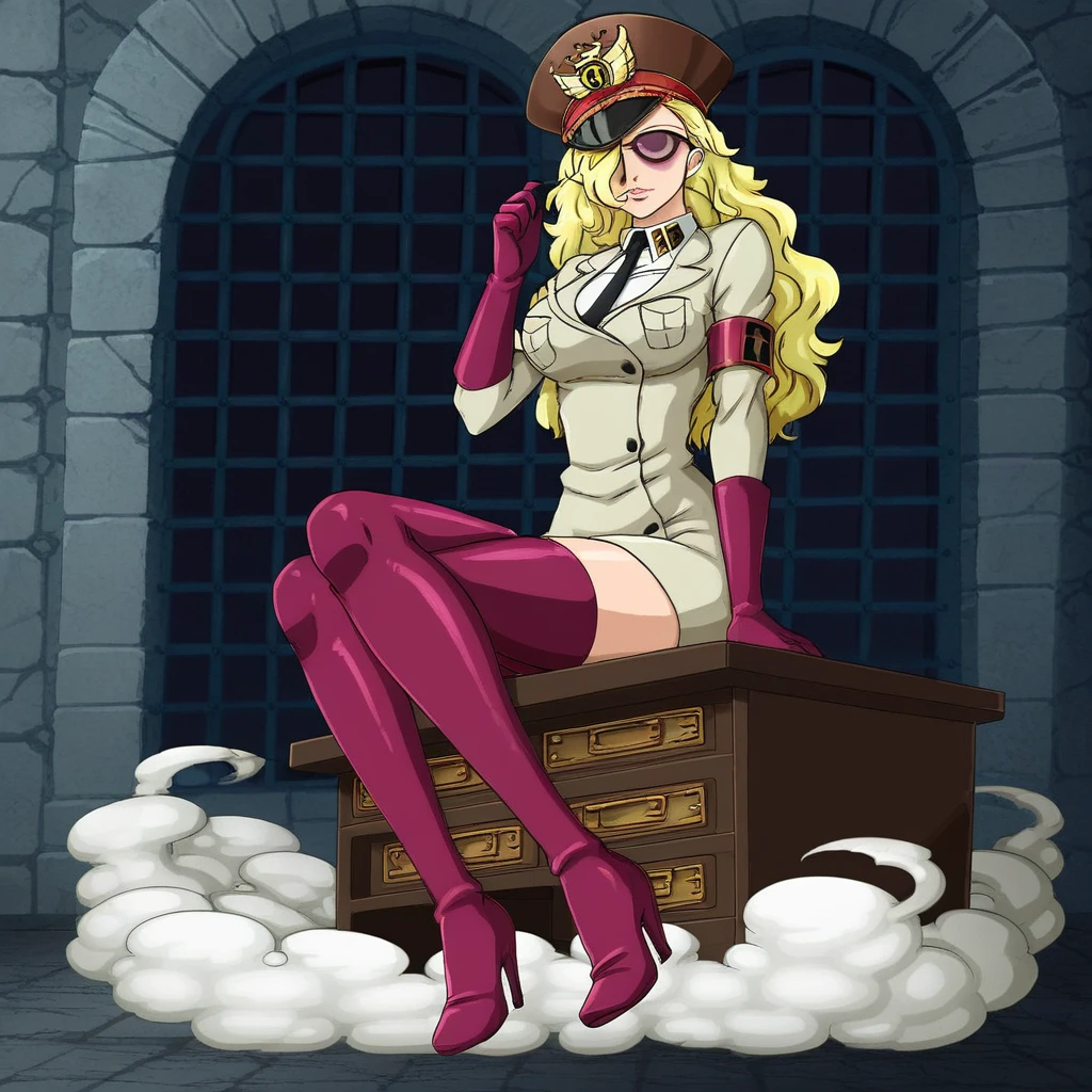 DominoOP, 1girl, solo, long hair, wavy hair, blonde hair, sunglasses, hair over one eye, lips, large breast, uniform, hat, necktie, peaked cap, military uniform, gloves, high heels, boots,  thighhighs, shirt, over the knee boots heels, tgigh boots, jacket, skirt, pockets, armband, collar,seductive pose,