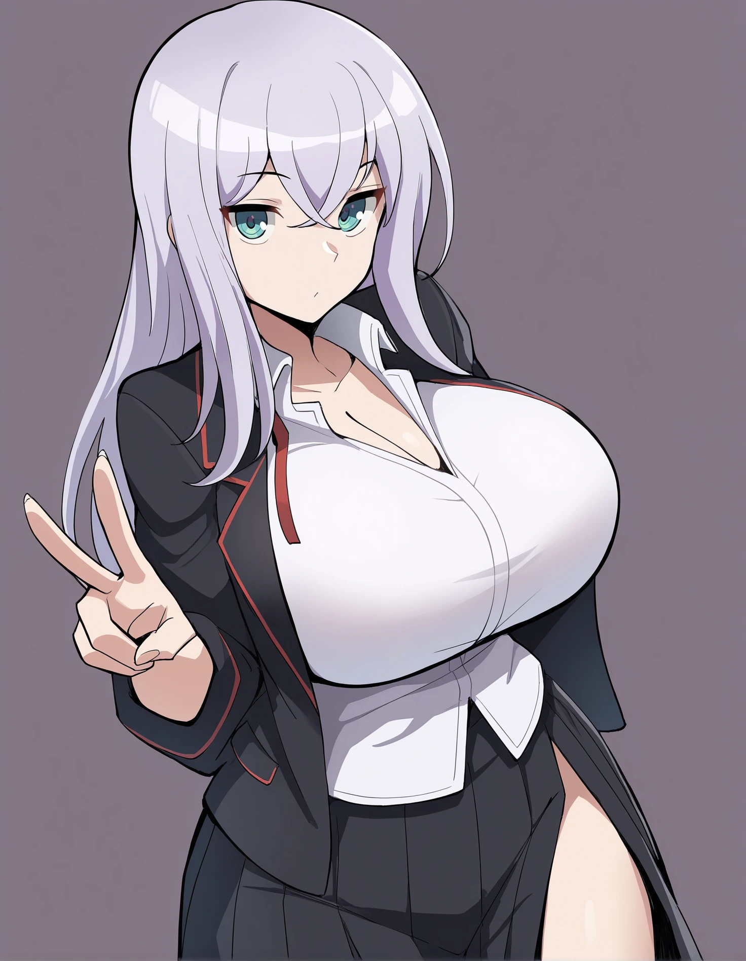 (masterpiece, best quality:1.2),1girl,solo,huge breasts, misakitokuraba, 1girl, peace sign,, long hair, simple background, side slit, looking at viewer, white background, blazer, silver hair, white shirt, pleated skirt, long skirt, aqua eyes
  <lora:tokura_misaki-koto-Illustrious v01:1>