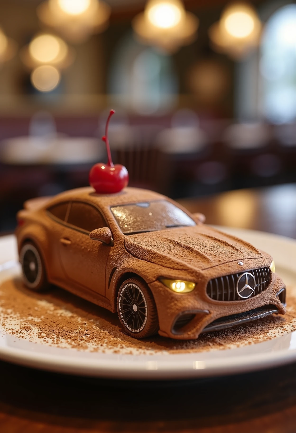 a miniature brown dvr-mercedes-amg-cle53 car made of cake with a cherry on top, on a plate in a french restaurant <lora:dvr-mercedes-amg-cle53:1>